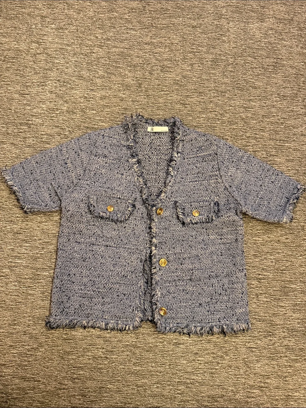 Frayed Edge Short-Sleeve Knit Cardigan - Light Blue